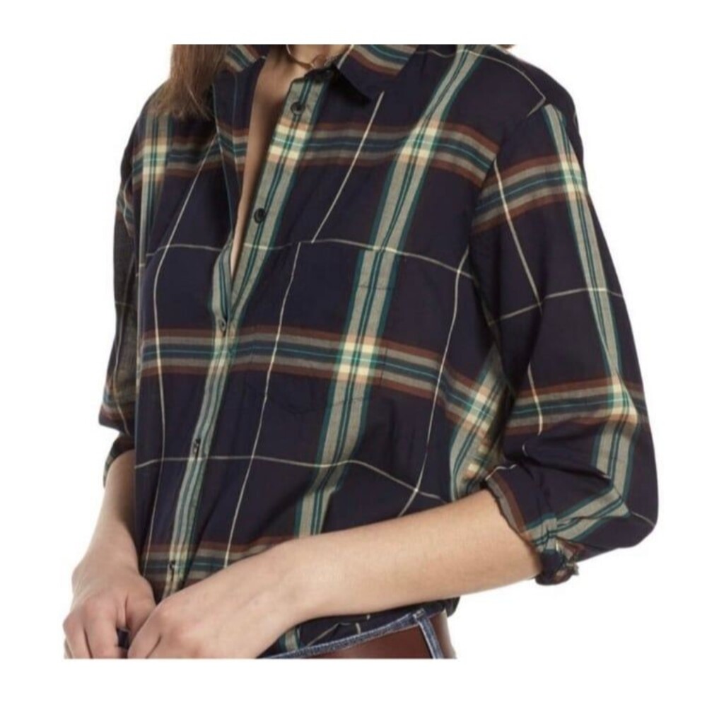 Madewell Women's Oversized Ex-Boyfriend Plaid Button Down Shirt Jade Size large